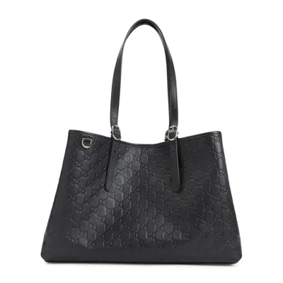 Gucci Black Leather Emblem Gg Tote Bag