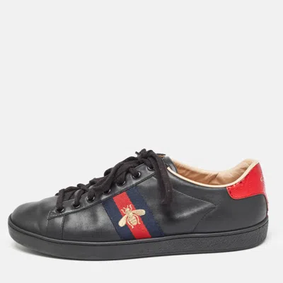 Pre-owned Gucci Black Leather Embroidered Bee Ace Sneakers Size 40