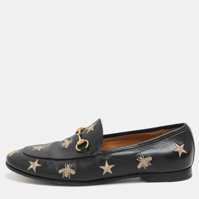 Pre-owned Gucci Black Leather Embroidered Bee Star Horsebit Slip On Loafers Size 38