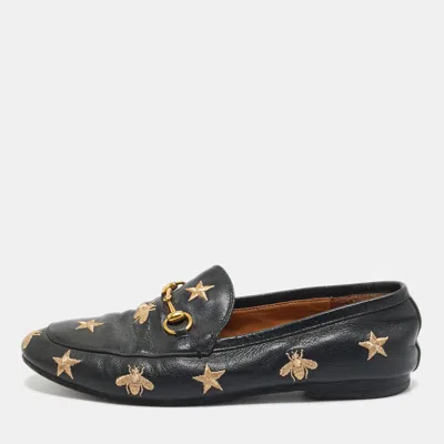 Pre-owned Gucci Black Leather Embroidered Bee Star Horsebit Slip On Loafers Size 39