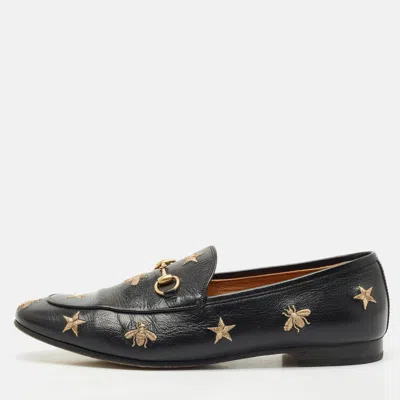 Pre-owned Gucci Black Leather Embroidered Star Bee Horsebit Jordaan Loafers Size 41