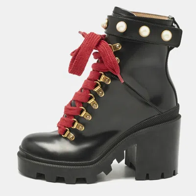Pre-owned Gucci Black Leather Faux Pearl Embellished Trip Ankle Length Boots Size 35