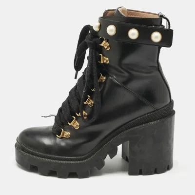 Pre-owned Gucci Black Leather Faux Pearl Embellished Trip Ankle Length Boots Size 36
