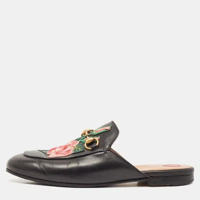 Pre-owned Gucci Black Leather Floral Embroidered Princetown Flat Mules Size 37