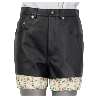 Pre-owned Gucci Black Leather Floral Trim Shorts Pants 42 M