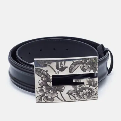Pre-owned Gucci Black Leather Floral Wide G Buckle Belt 80cm