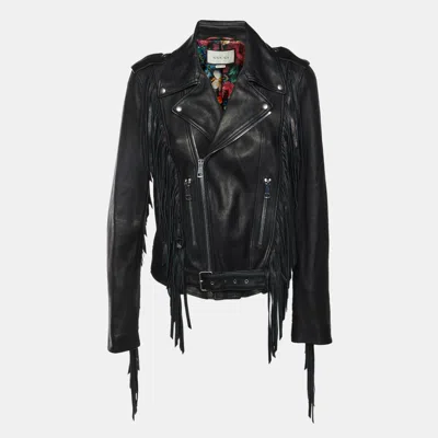 Pre-owned Gucci Black Leather Fringed Biker Jacket M