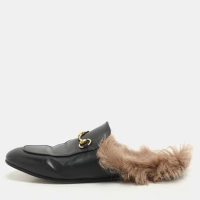 Pre-owned Gucci Black Leather Fur Lined Prince Town Mules Size 39