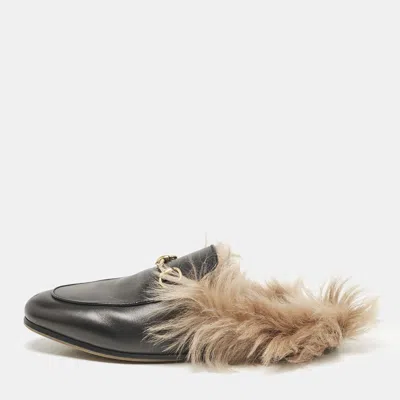 Pre-owned Gucci Black Leather Fur Lined Princetown Flat Mules Size 37