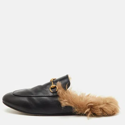 Pre-owned Gucci Black Leather Fur Lined Princetown Horsebit Flat Mules Size 39
