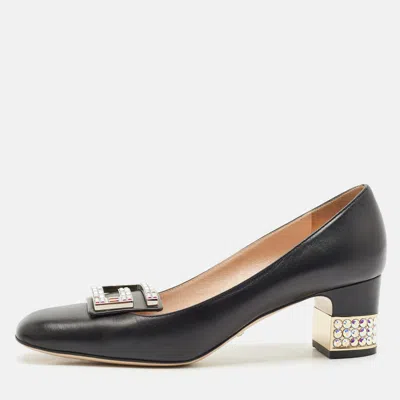 Pre-owned Gucci Black Leather G Crystals Buckle Pumps Size 40.5
