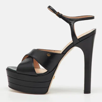 Pre-owned Gucci Black Leather Gg Angel Platform Ankle Strap Sandals Size 39.5