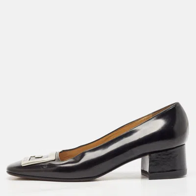 Pre-owned Gucci Black Leather Gg Block Heel Pumps Size 37