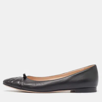 Pre-owned Gucci Black Leather Gg Cap Toe Bow Ballet Flats Size 40