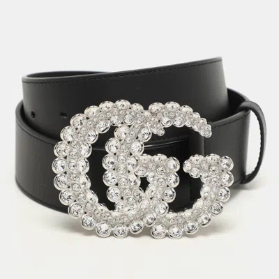 Pre-owned Gucci Black Leather Gg Crystal Buckle Belt 70cm