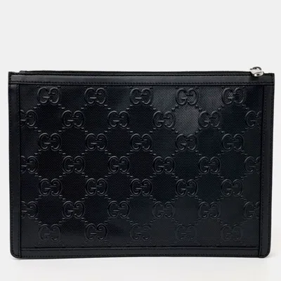Pre-owned Gucci Black Leather Gg Embossed Clutch