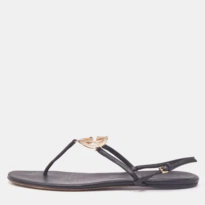Pre-owned Gucci Black Leather Gg Interlocking Heart Flat Sandals Size 38.5