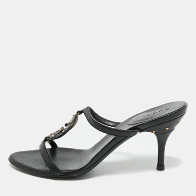 Pre-owned Gucci Black Leather Gg Interlocking Slide Sandals Size 35.5