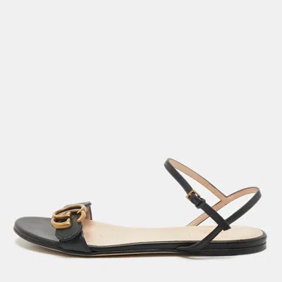 Pre-owned Gucci Black Leather Gg Marmont Ankle Strap Flat Sandals Size 36