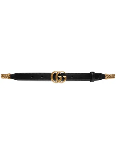 Gucci Black Leather Gg Marmont Belt For Women In Gold