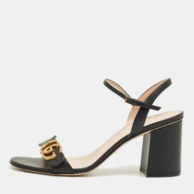Pre-owned Gucci Black Leather Gg Marmont Block Heel Ankle Strap Sandals Size 41