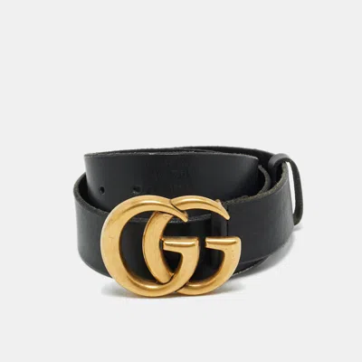 Pre-owned Gucci Black Leather Gg Marmont Buckle Belt 70 Cm