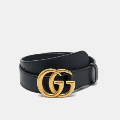 Pre-owned Gucci Black Leather Gg Marmont Buckle Belt 70 Cm