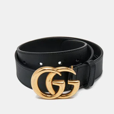 Pre-owned Gucci Black Leather Gg Marmont Buckle Belt 70cm