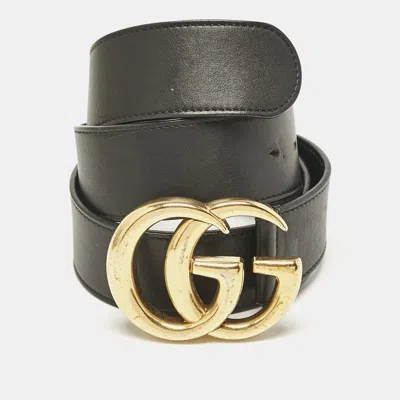 Pre-owned Gucci Black Leather Gg Marmont Buckle Belt 80cm