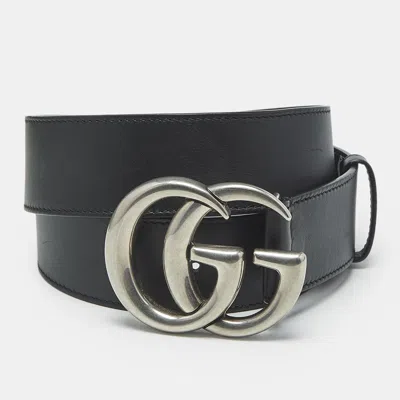 Pre-owned Gucci Black Leather Gg Marmont Buckle Belt 95 Cm