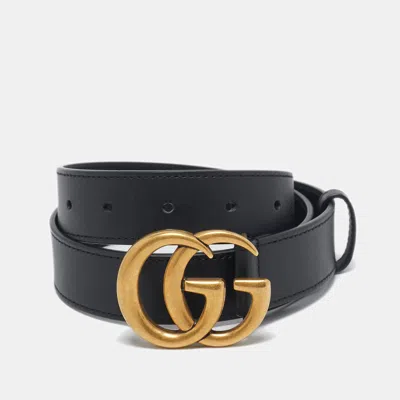 Pre-owned Gucci Black Leather Gg Marmont Buckle Slim Belt 75 Cm