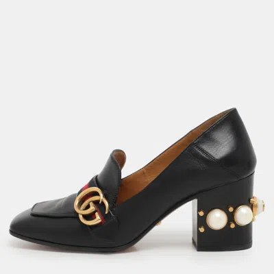 Pre-owned Gucci Black Leather Gg Marmont Embellished Pumps Size 37.5