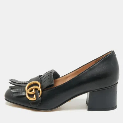 Pre-owned Gucci Black Leather Gg Marmont Fringe Block Heel Pumps Size 35