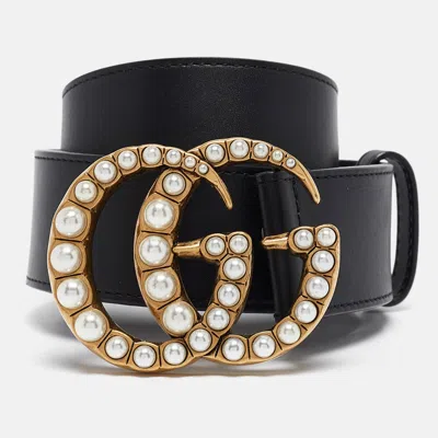 Pre-owned Gucci Black Leather Gg Marmont Pearl Embellished Buckle Belt 100cm