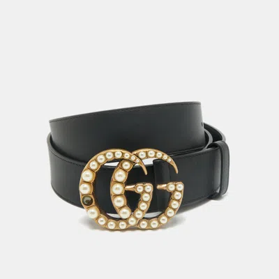 Pre-owned Gucci Black Leather Gg Marmont Pearl Embellished Buckle Belt 110cm