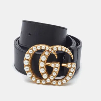 Pre-owned Gucci Black Leather Gg Marmont Pearl Embellished Buckle Belt 80cm