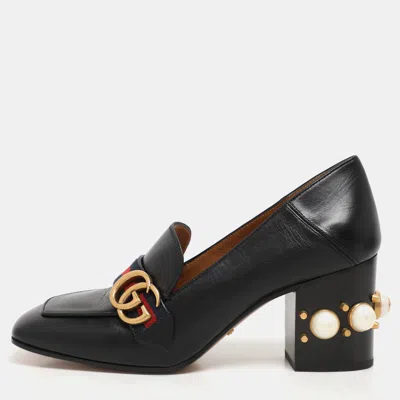Pre-owned Gucci Black Leather Gg Marmont Pearl Embellished Loafer Pumps Size 39