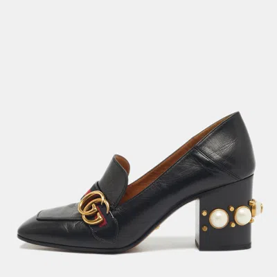 Pre-owned Gucci Black Leather Gg Marmont Pearl Embellished Pumps Size 39.5