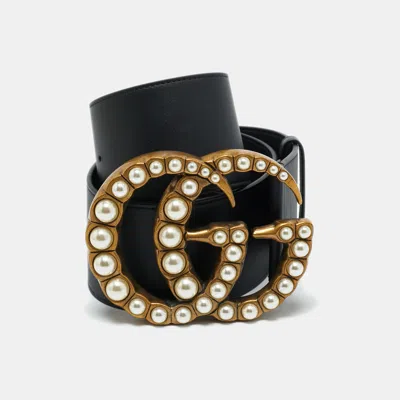 Pre-owned Gucci Black Leather Gg Marmont Pearl Wide Waist Belt 75cm
