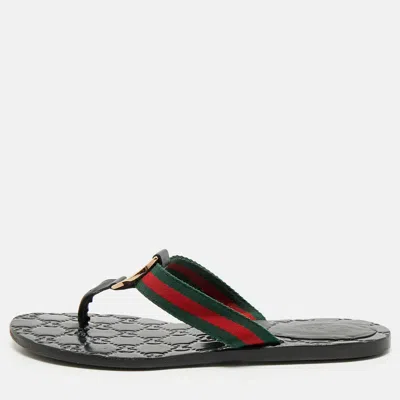 Pre-owned Gucci Black Leather Gg Marmont Thong Flats Size 36