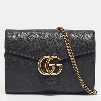 Pre-owned Gucci Black Leather Gg Marmont Wallet On Chain