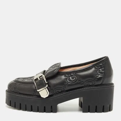 Pre-owned Gucci Black Leather Gg Matelassé Buckle Strap Loafers Size 36.5