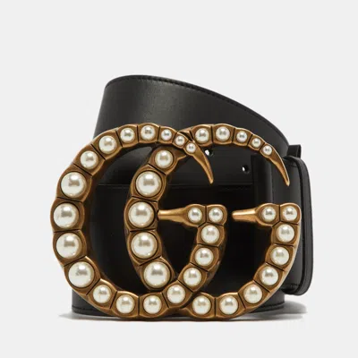 Pre-owned Gucci Black Leather Gg Pearl Embellished Waist Wide Belt 85cm