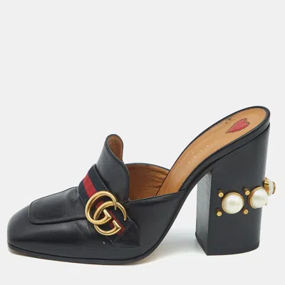 Pre-owned Gucci Black Leather Gg Pearl Embellished Web Detail Loafer Mule Sandals Size 40