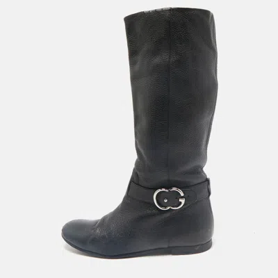 Pre-owned Gucci Black Leather Gg Riding Knee Length Boots Size 40