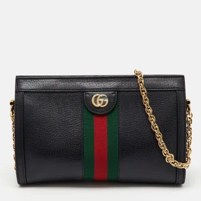 Pre-owned Gucci Black Leather Gg Web Detail Ophidia Medium Chain Shoulder Bag