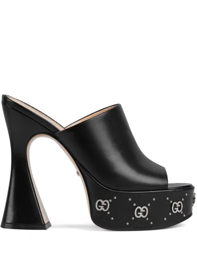 Gucci Black Leather High Heel Pumps With Silver Stud Detailing