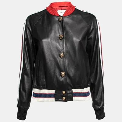 Pre-owned Gucci Black Leather Hollywood Embroidered Bomber Jacket M