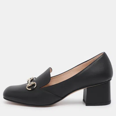 Pre-owned Gucci Black Leather Horsebit Block Heel Pumps Size 37.5