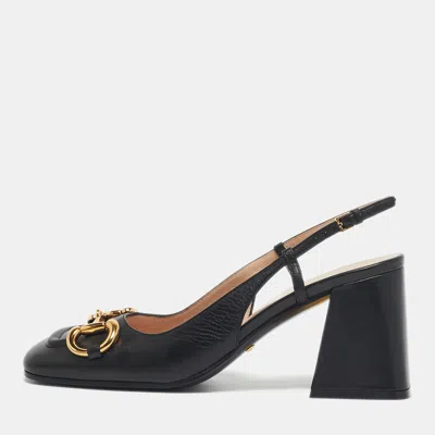 Pre-owned Gucci Black Leather Horsebit Block Heel Slingback Pumps Size 37